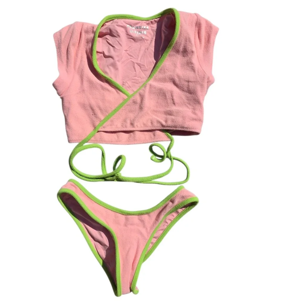 Frankies Bikinis Soleil Terry Tie Front Thong Bikini Set Green Trim Swimsuit